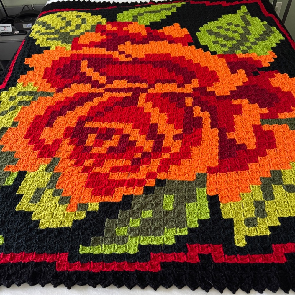Handmade Crochet Rose Throw Blanket Black Red Orange Floral Pixel Afghan 72x70" - Picture 3 of 14